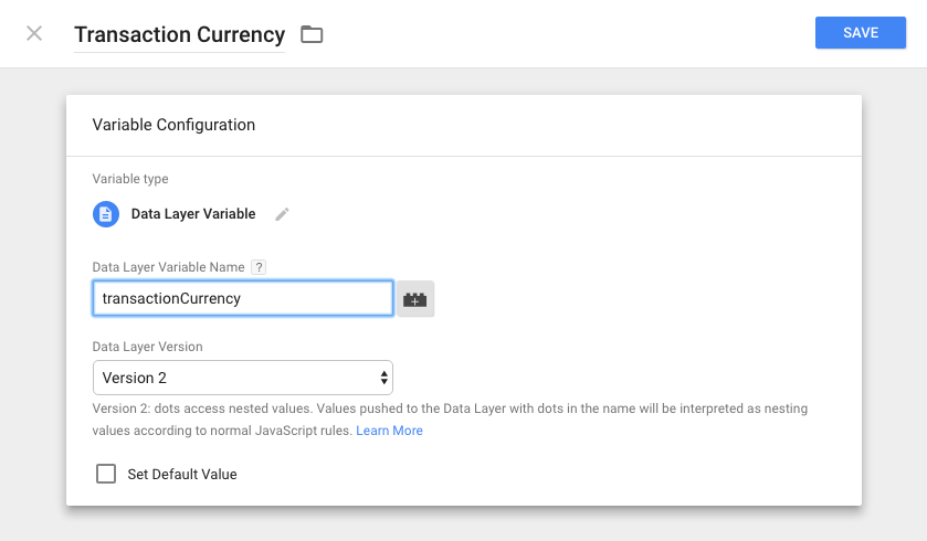 GTM’s variable UI for setting a currency variable