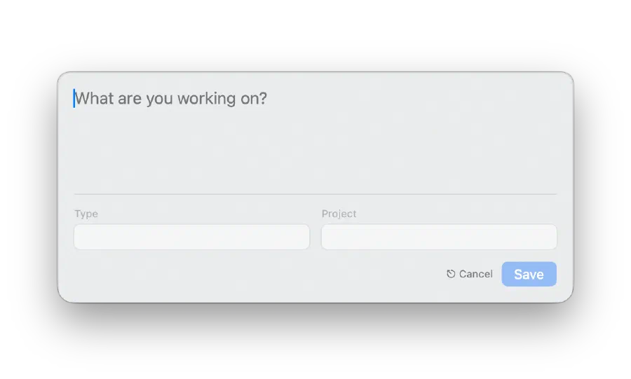 The 2026 SwiftUI panel, with the same message field, Type and Project fields and Save button, and no title bar