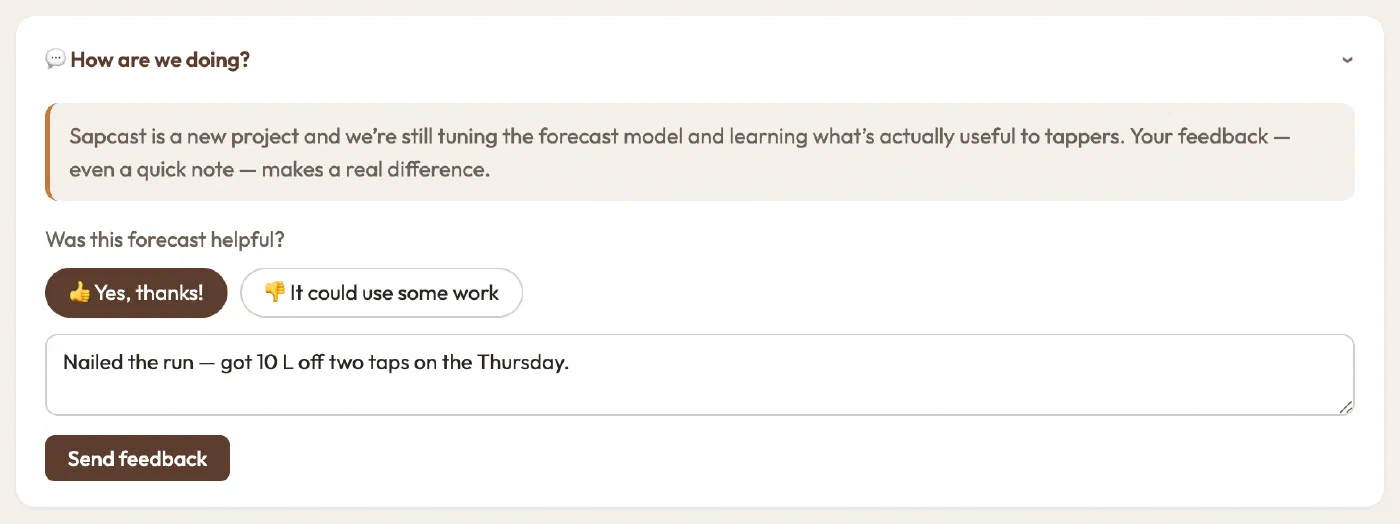 Feedback panel with a thumbs-up selected and a comment typed