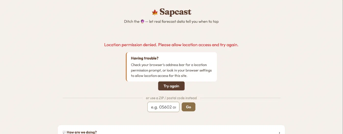 Location denied, with an error message, troubleshooting hint, try again button and postal code fallback