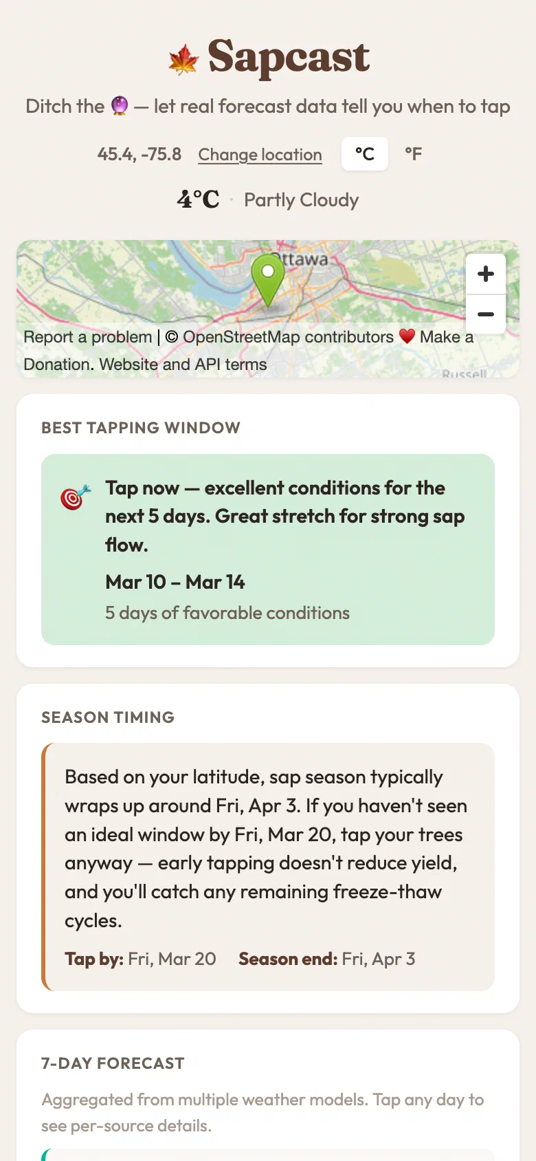 Sapcast on a phone, showing the recommendation and season timing