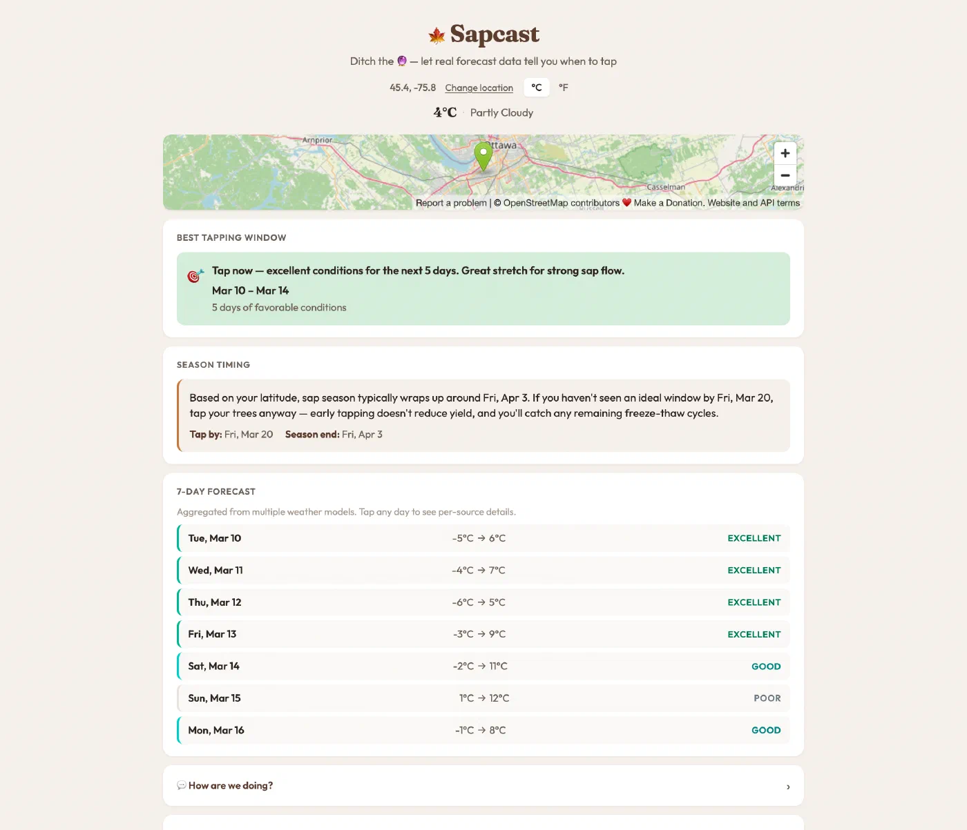 Sapcast forecast overview, showing a five-day excellent window starting today