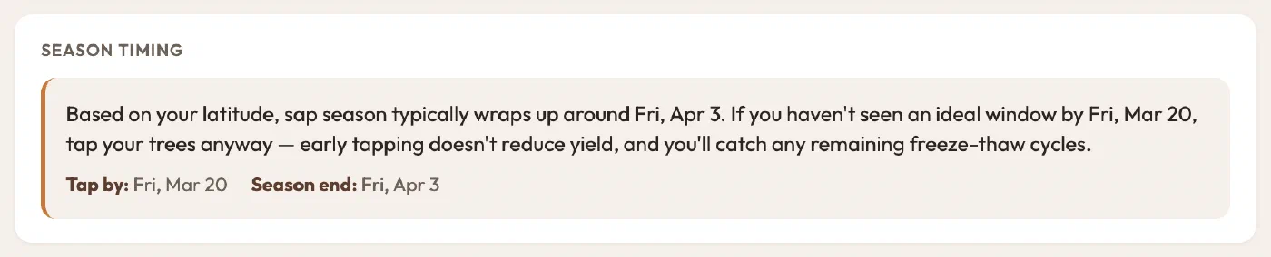 Season timing, showing tap by Friday March 20 and season end Friday April 3