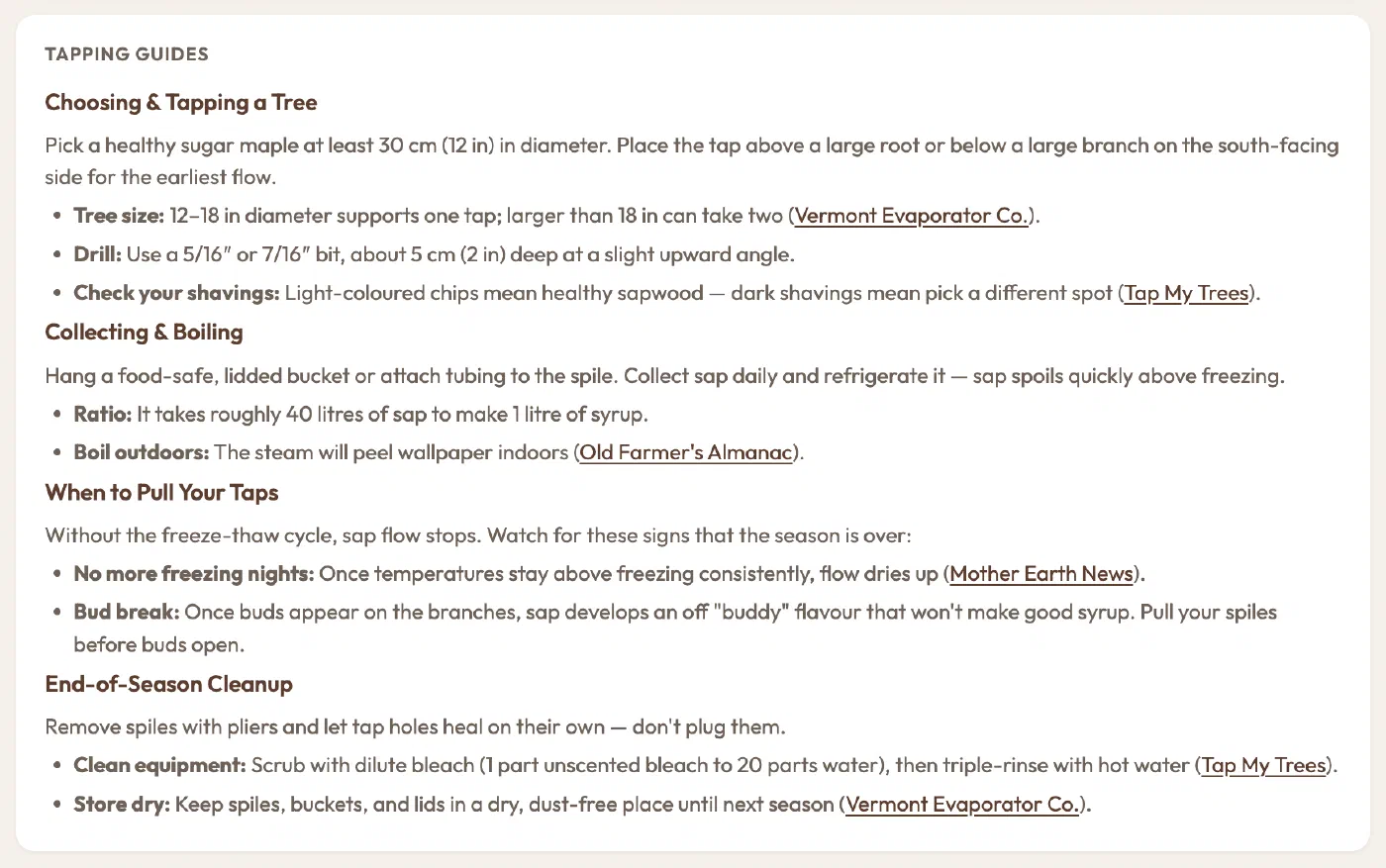 Tapping Guides, covering choosing and tapping a tree, collecting and boiling, when to pull taps, and cleanup
